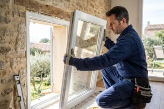 Artisan posant une fenêtre en PVC double vitrage dans une maison aux murs en pierre à Nîmes
