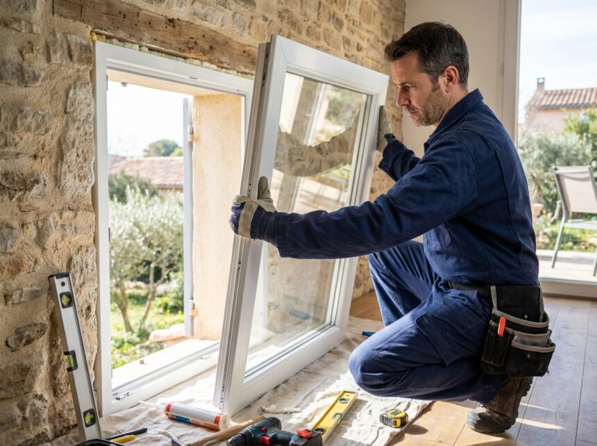 Artisan posant une fenêtre en PVC double vitrage dans une maison aux murs en pierre à Nîmes