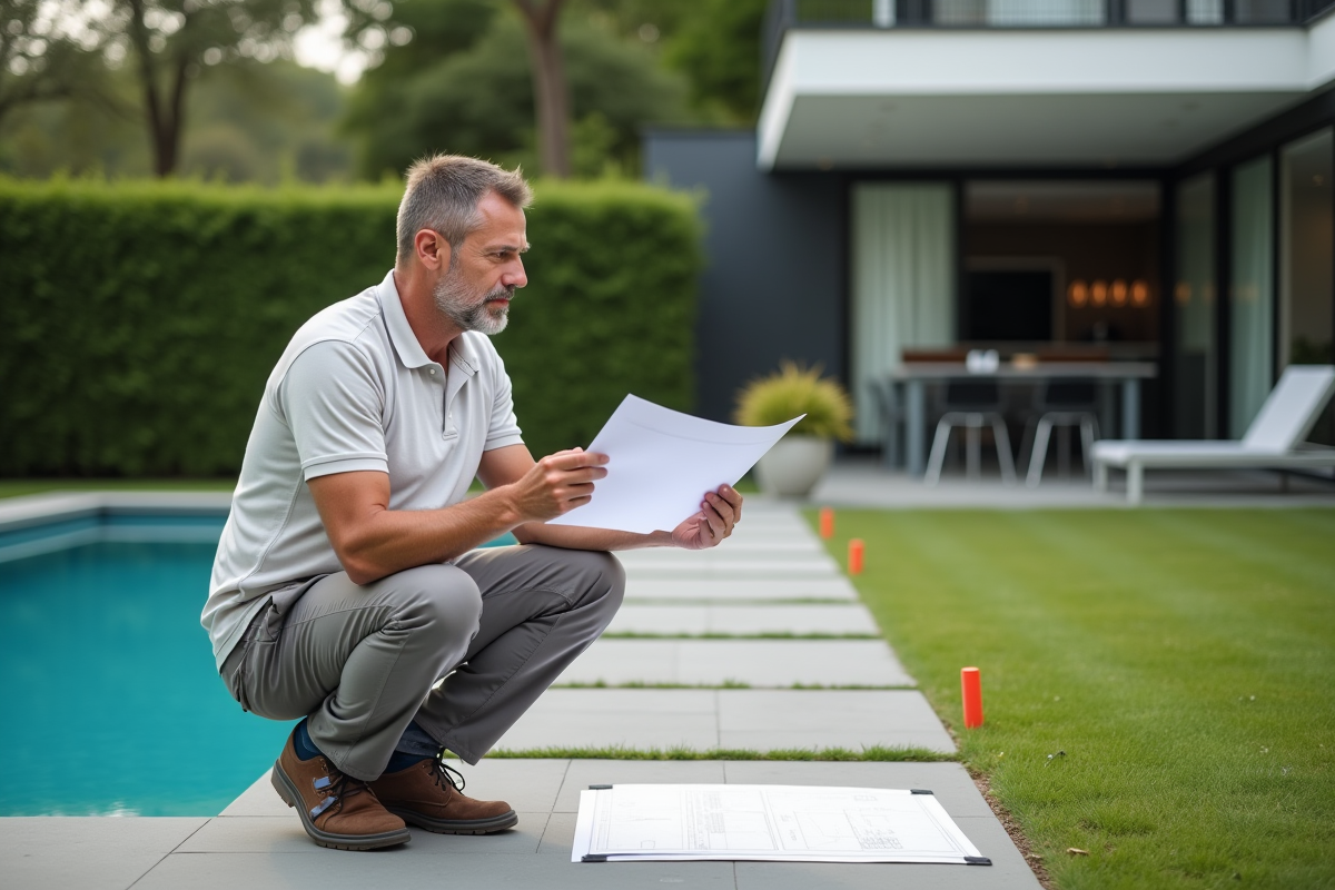 Agent professionnel vérifiant les plans pour la future piscine
