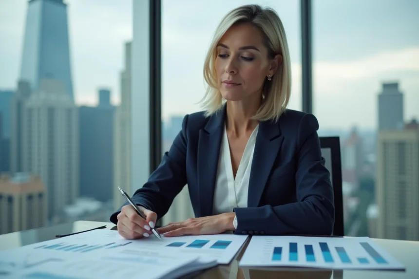 Professionnelle en immobilier analysant les graphiques de l'indice ILAT dans un bureau moderne