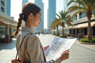 Jeune professionnelle consultant un plan d'appartement dans un quartier moderne de Dubaï avec des tours résidentielles en arrière-plan