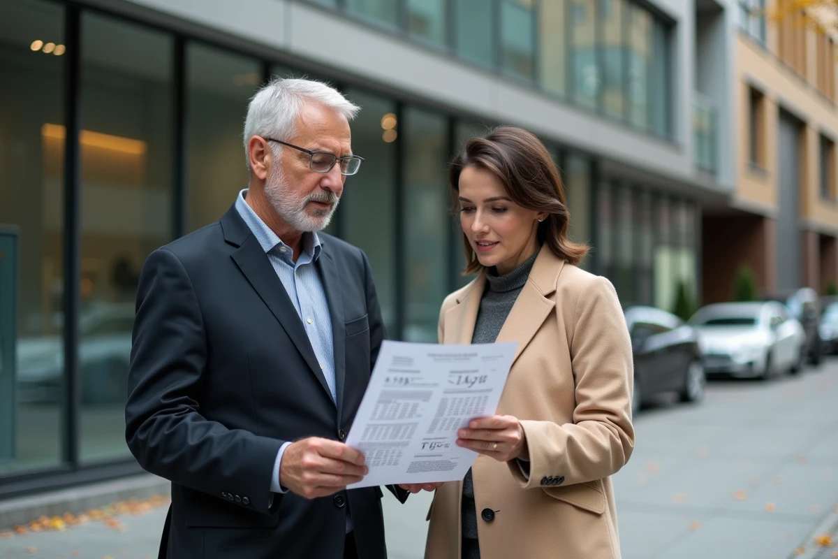 Deux professionnels de l'immobilier commercial consultant un rapport sur l'indice ILAT devant un immeuble de bureaux