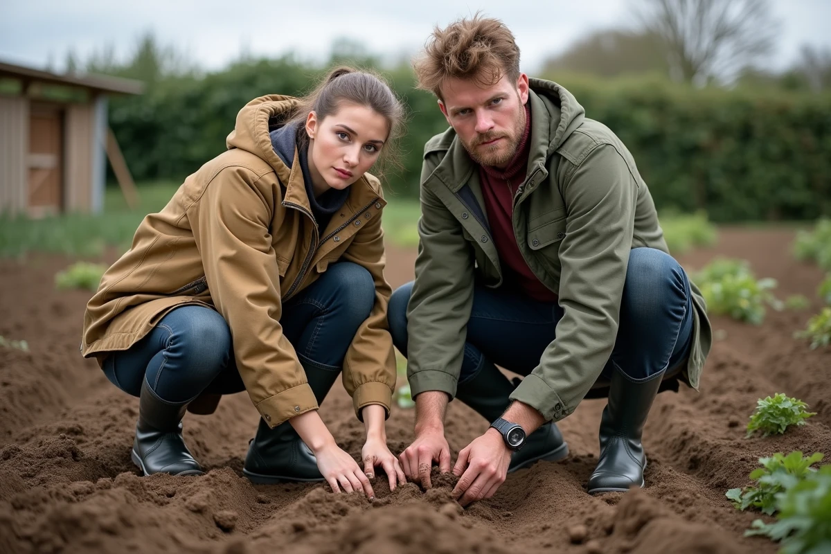 Deux jeunes agriculteurs inspectant un terrain fertile pour un projet maraîcher dans le cadre d'une donation gratuite de parcelle agricole
