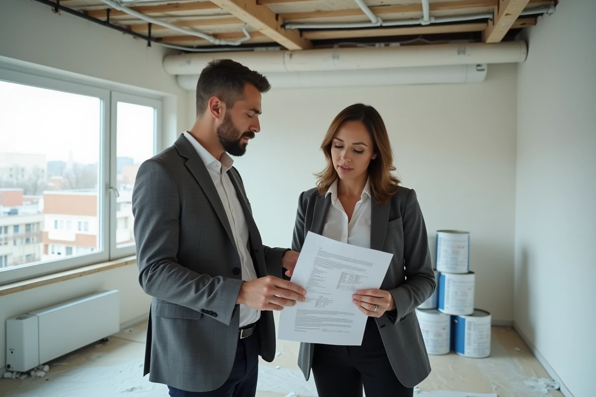 Propriétaire et agent immobilier vérifiant un contrat de location dans un appartement en rénovation