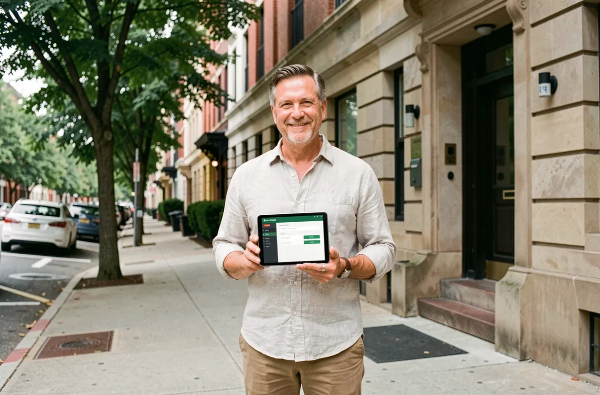 Propriétaire bailleur consultant une application de gestion locative sur tablette devant un immeuble résidentiel en ville