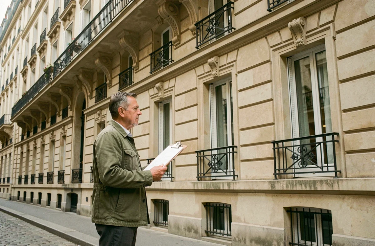 Propriétaire bailleur inspectant la façade de son immeuble locatif parisien