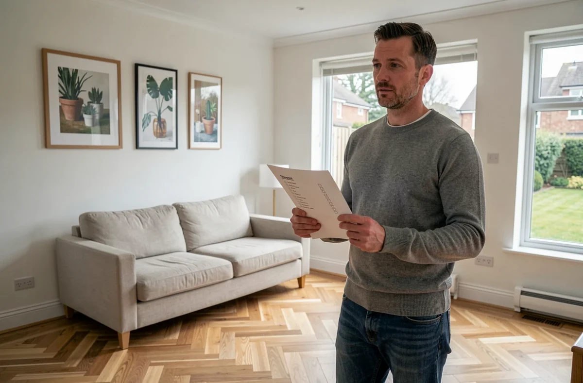 Propriétaire préparant sa maison avec une checklist imprimée avant l'évaluation d'un agent immobilier dans un salon lumineux