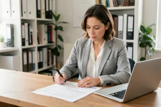 Propriétaire bailleur comparant des contrats d'assurance loyer impayé à son bureau à domicile