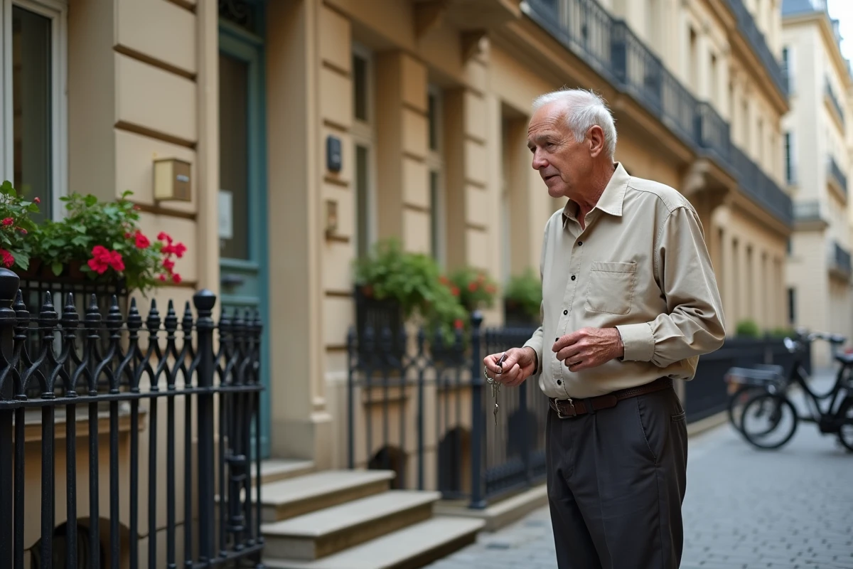 Propriétaire âgé devant son immeuble haussmannien réfléchissant à la vente en viager libre sans bouquet