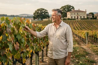 Homme contemplant sa future propriété viticole à vendre à Bordeaux en automne, vignes et château en arrière-plan