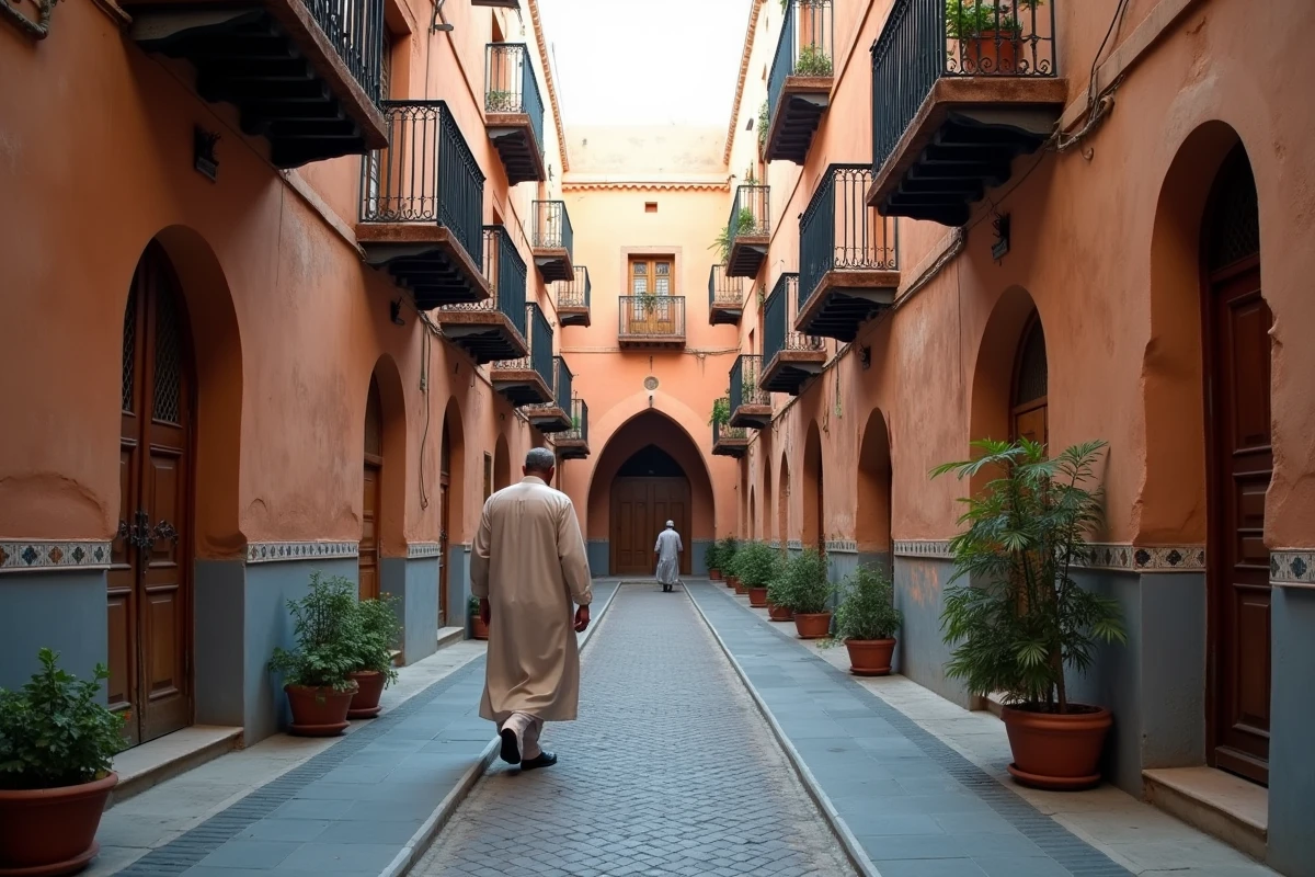 Ruelle résidentielle pittoresque du quartier Mellah à Marrakech avec bâtiments restaurés, balcons en fer forgé et ambiance de vie locale authentique