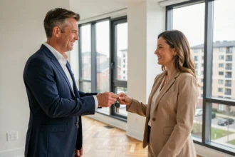 Agent immobilier remettant les clés d'un appartement à une propriétaire bailleresse souriante