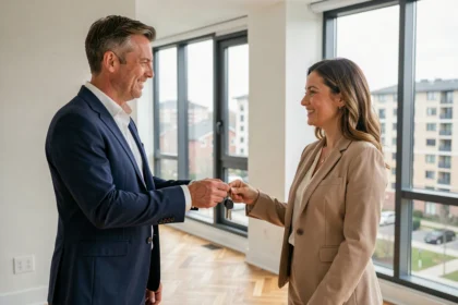 Agent immobilier remettant les clés d'un appartement à une propriétaire bailleresse souriante