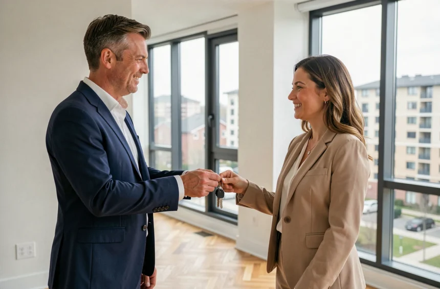 Agent immobilier remettant les clés d'un appartement à une propriétaire bailleresse souriante