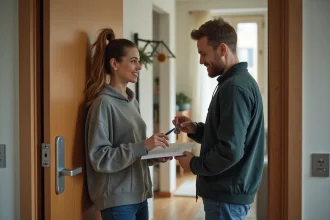 Remise de clés d'appartement en colocation avec signature d'un document entre deux colocataires à l'entrée du logement