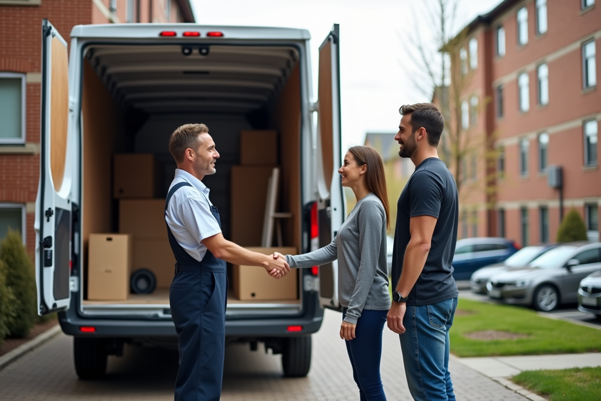 Homme en salopette serrant la main à un couple devant un camion de déménagement