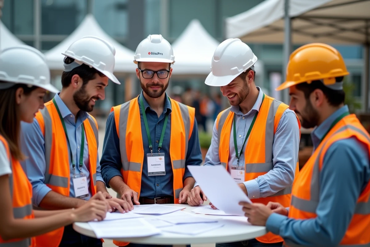 Professionnels du bâtiment en réseau lors d'un salon professionnel de l'association des constructeurs