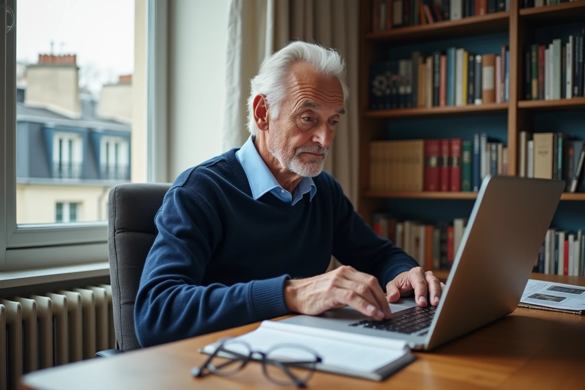Homme retraité cherchant un logement adapté sur internet dans un appartement parisien avec vue sur les toits