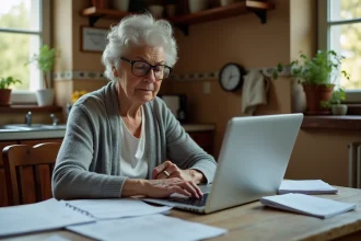 Femme retraitée consultant un simulateur de viager en ligne sur son ordinateur portable avec des documents financiers sur la table