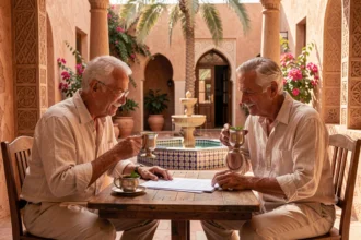 Couple de retraités européens sur la terrasse d'une villa à Marrakech, consultant des documents immobiliers dans un riad traditionnel avec fontaine en mosaïque