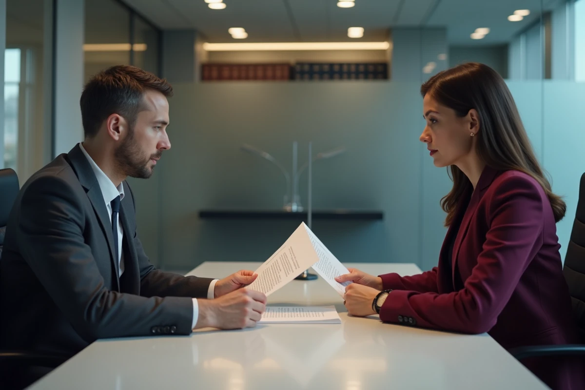Deux professionnels examinant une lettre de litige immobilier autour d'une table de conférence dans un cabinet juridique moderne