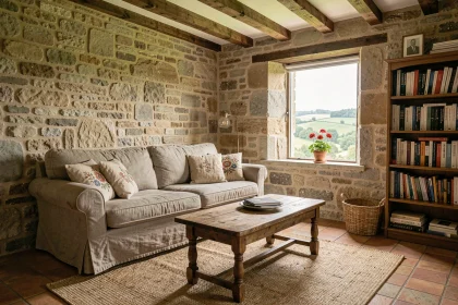 Salon meublé typique d'une location dans la Creuse avec poutres en bois, canapé en lin et vue sur la campagne creusoise