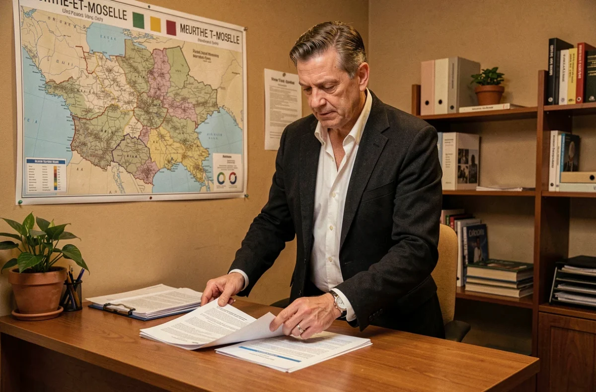 Syndic indépendant de Sasu de D dans son bureau avec carte de Meurthe-et-Moselle et documents de copropriété