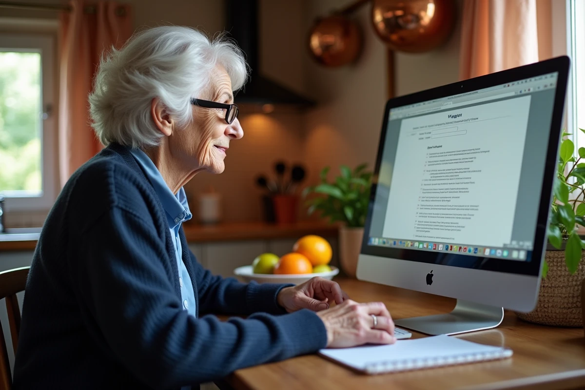 Femme âgée utilisant un outil de calcul viager occupé en ligne depuis sa cuisine