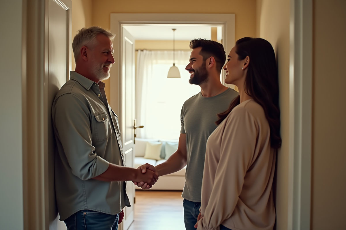 Homme et jeune couple se serrant la main à l