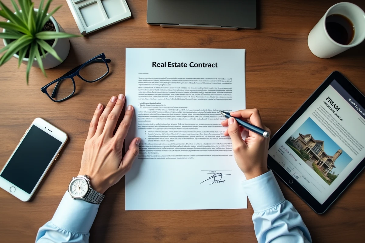 Signature d'un contrat immobilier avec brochure FNAIM et smartphone affichant un site d'agence immobilière