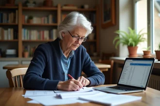 Femme retraitée analysant une simulation de viager sur papier et ordinateur portable à domicile