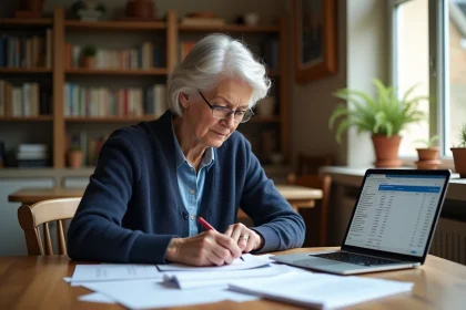 Femme retraitée analysant une simulation de viager sur papier et ordinateur portable à domicile