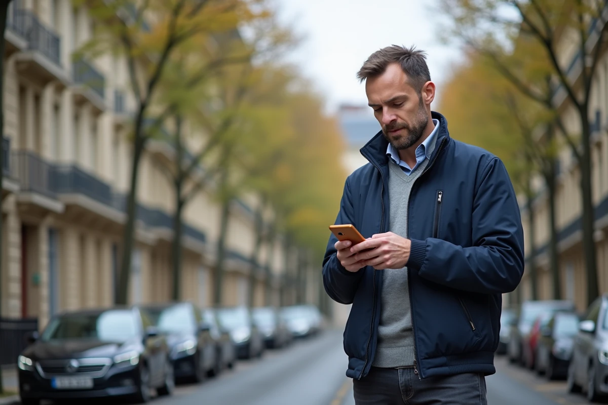 Homme consultant une application de suivi des prix immobiliers dans un quartier résidentiel parisien