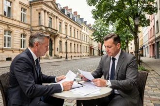 Syndic de copropriété en Meurthe-et-Moselle examinant des documents devant une façade traditionnelle nancéienne