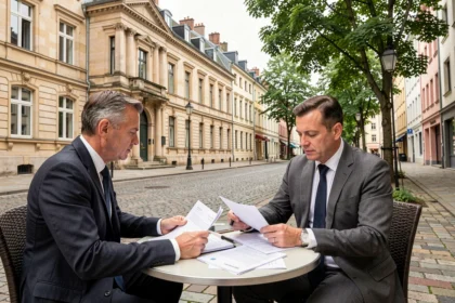 Syndic de copropriété en Meurthe-et-Moselle examinant des documents devant une façade traditionnelle nancéienne