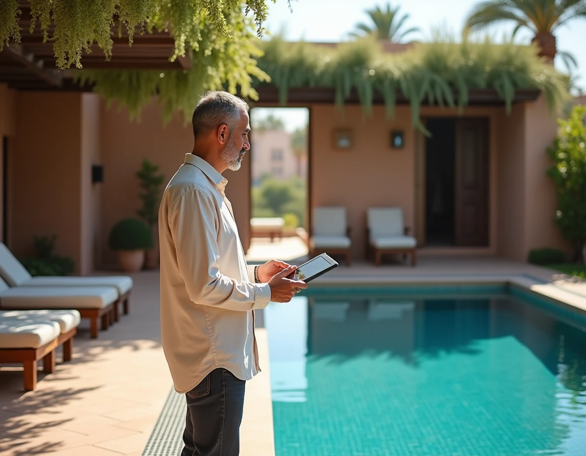 Terrasse avec piscine mosaïque d'une villa à vendre à Marrakech avec vue sur la palmeraie