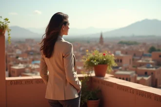 Femme sur une terrasse de riad à Marrakech avec vue panoramique sur les toits en terre cuite et les montagnes de l'Atlas en arrière-plan