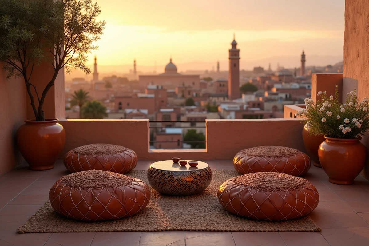 Terrasse d'un riad rénové à Marrakech avec vue sur la Médina, aménagée pour accueillir des touristes en location courte durée