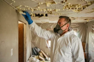 Ouvrier en combinaison de protection effectuant un désamiantage de plafond dans une maison ancienne