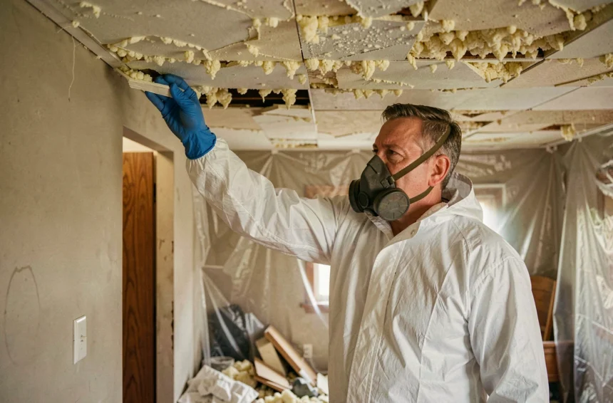 Ouvrier en combinaison de protection effectuant un désamiantage de plafond dans une maison ancienne