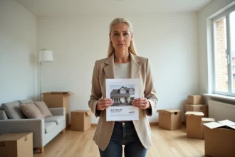Femme tenant une estimation immobilière dans un salon à moitié vidé lors d'une vente urgente pour divorce en Loire-Atlantique