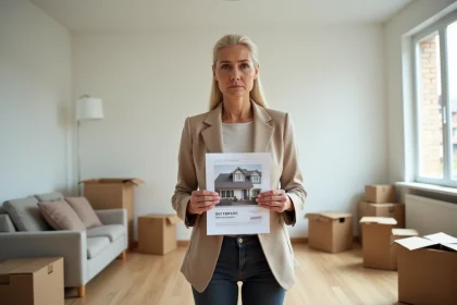 Femme tenant une estimation immobilière dans un salon à moitié vidé lors d'une vente urgente pour divorce en Loire-Atlantique