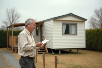 Propriétaire tenant des documents fonciers devant un mobil-home sur une parcelle de terrain à vendre en milieu semi-rural
