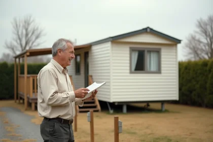 Propriétaire tenant des documents fonciers devant un mobil-home sur une parcelle de terrain à vendre en milieu semi-rural
