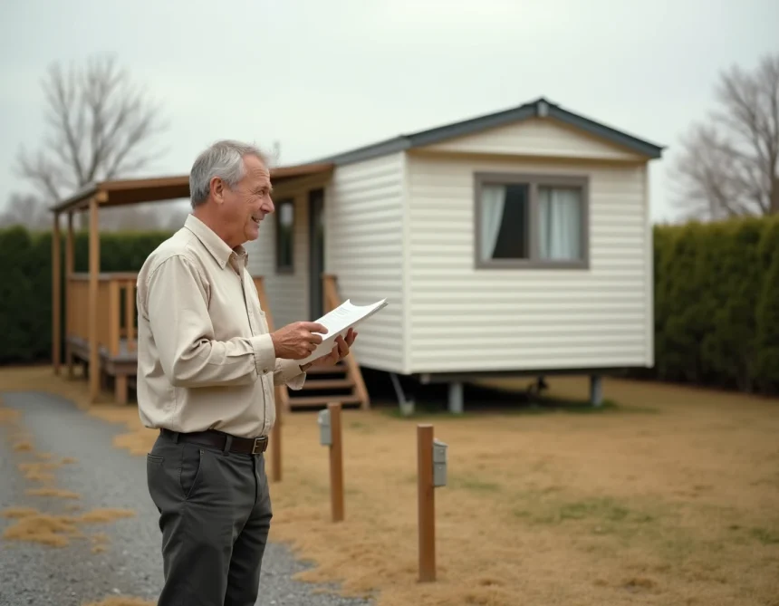 Propriétaire tenant des documents fonciers devant un mobil-home sur une parcelle de terrain à vendre en milieu semi-rural