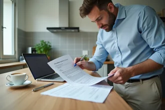 Un homme vérifiant la conformité d'un formulaire de déclaration préalable de travaux à la maison avec un ordinateur portable