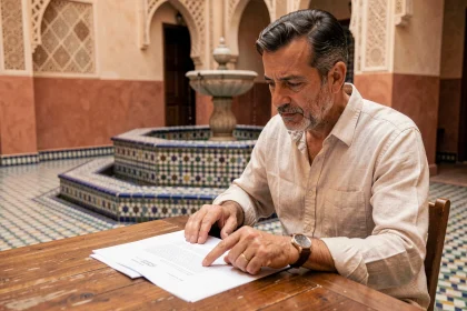Homme marocain vérifiant un contrat immobilier dans un riad de Marrakech avant de signer