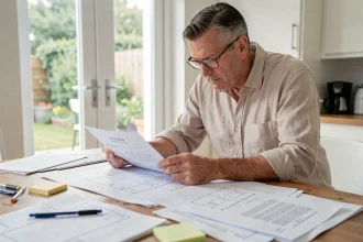 Propriétaire vérifiant attentivement un formulaire de déclaration préalable de travaux à son domicile, entouré de plans architecturaux et de documents administratifs