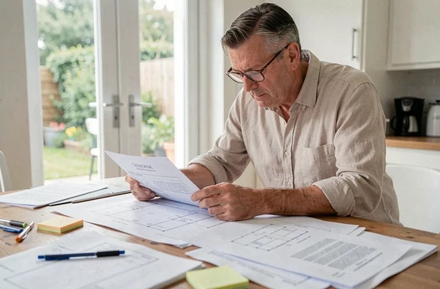 Propriétaire vérifiant attentivement un formulaire de déclaration préalable de travaux à son domicile, entouré de plans architecturaux et de documents administratifs
