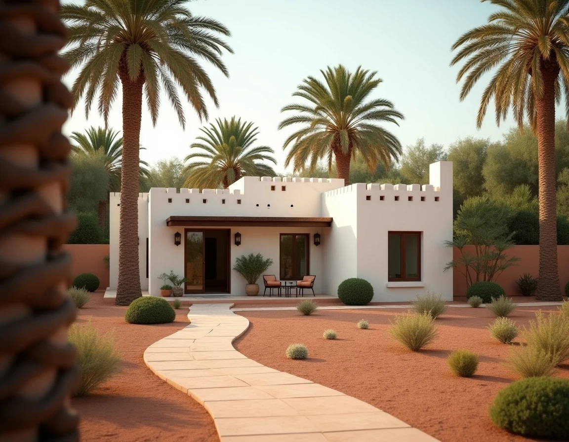 Villa isolée dans la palmeraie de Marrakech entourée de palmiers-dattiers et terrain en terre ocre